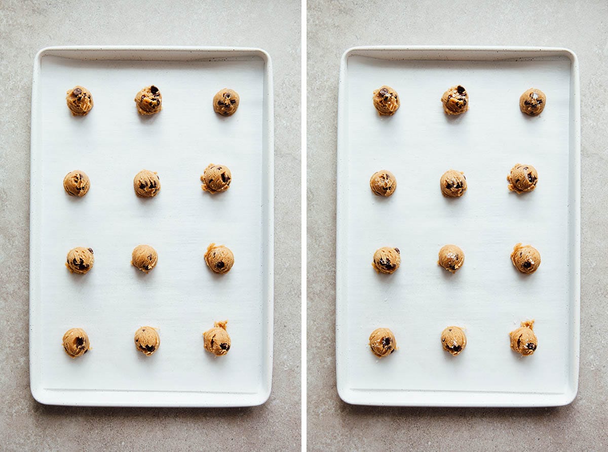 Cookies before and after being sprinkled with flaky salt.