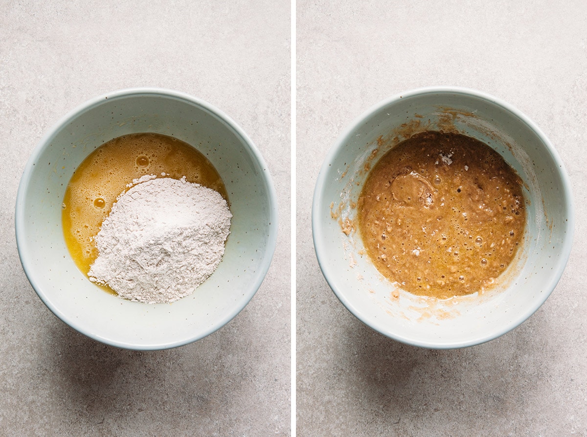 Cake batter before and after stirring.