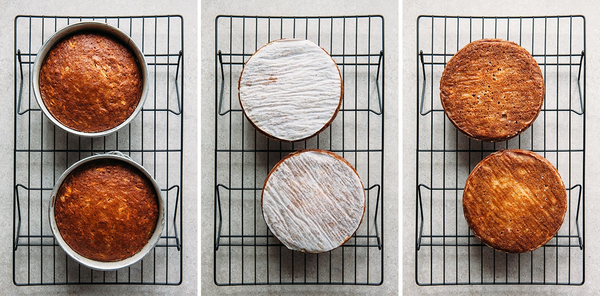 Two small cakes cooling on a rack.