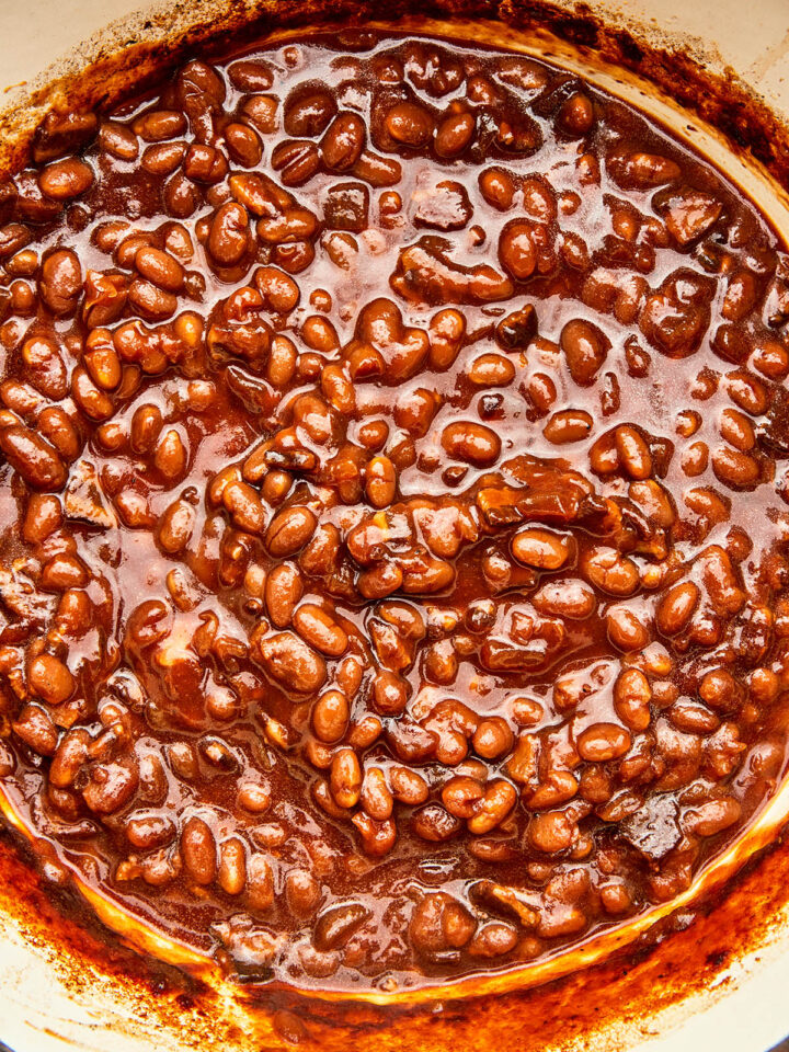 Homemade molasses baked beans in a pot.
