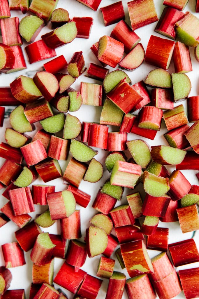 Chopped rhubarb on a marble background.