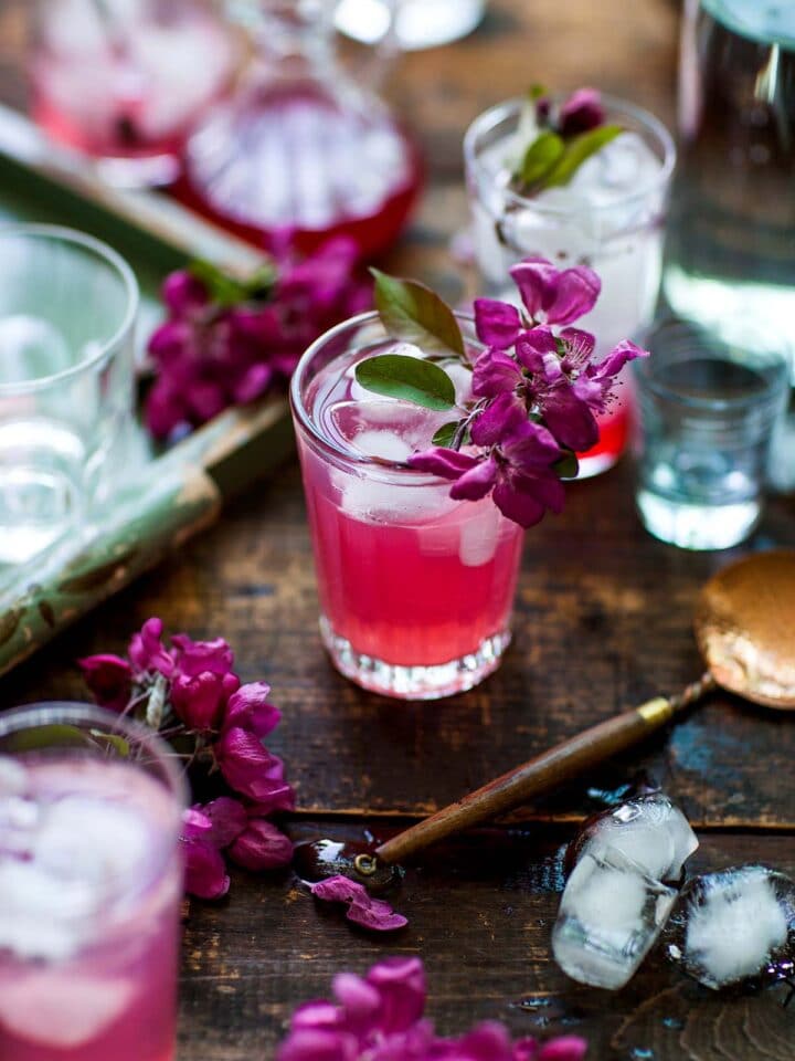 One bright pink cocktail made with rhubarb simple syrup in a small glass, garnished with pink apple blossoms.