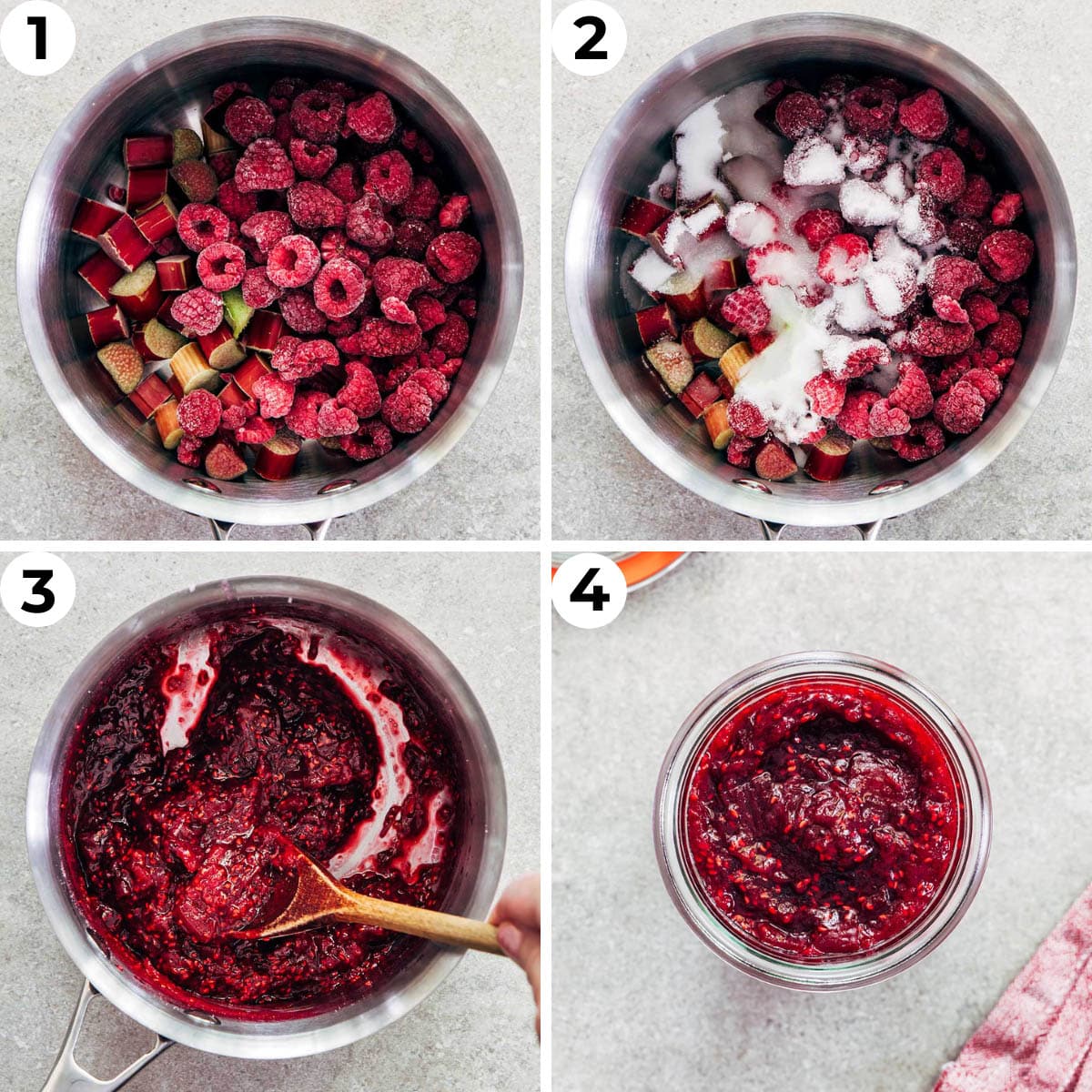 Process shots one through four to make a small batch of raspberry rhubarb jam.