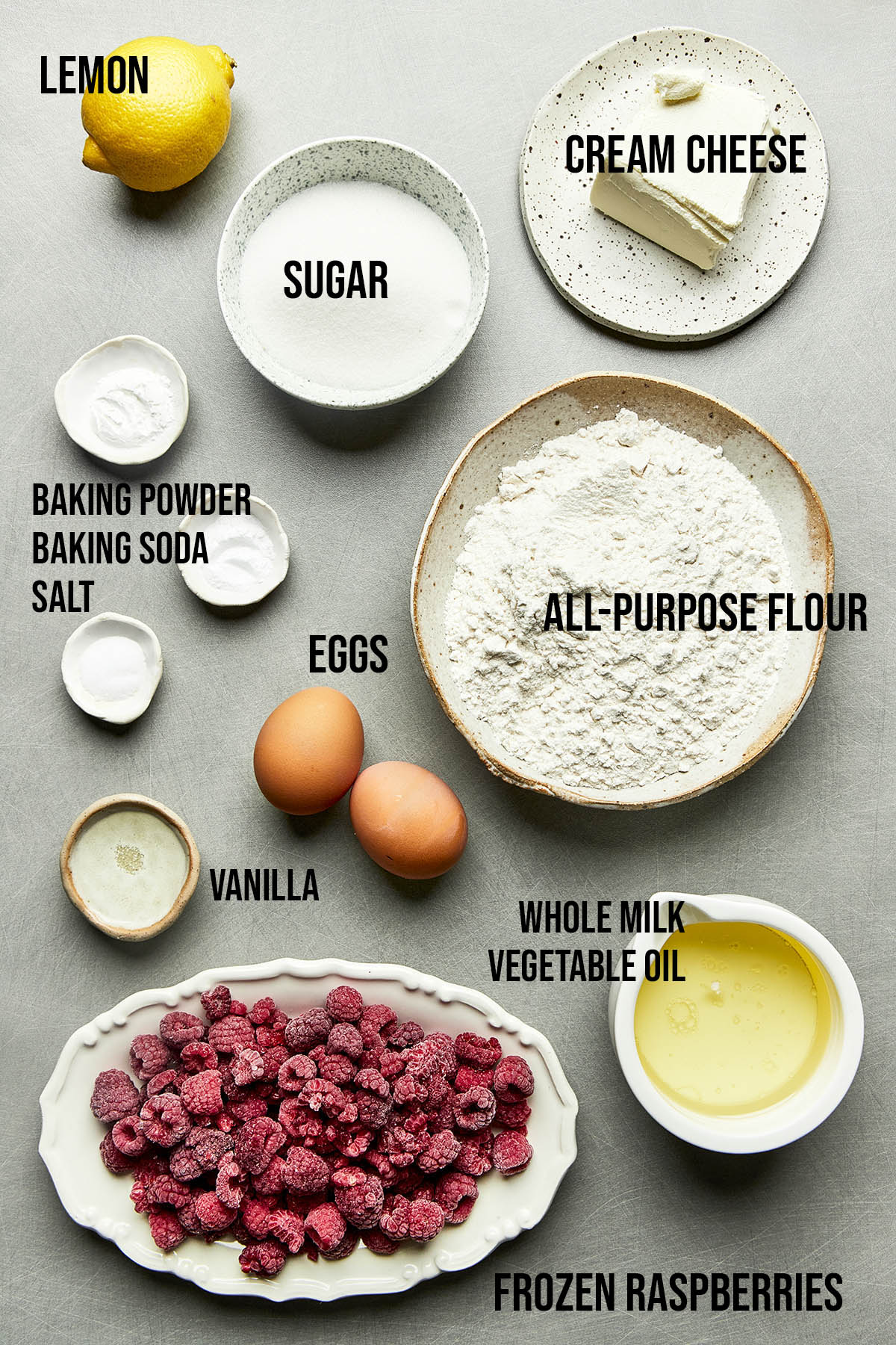 Ingredients to make lemon raspberry muffins.