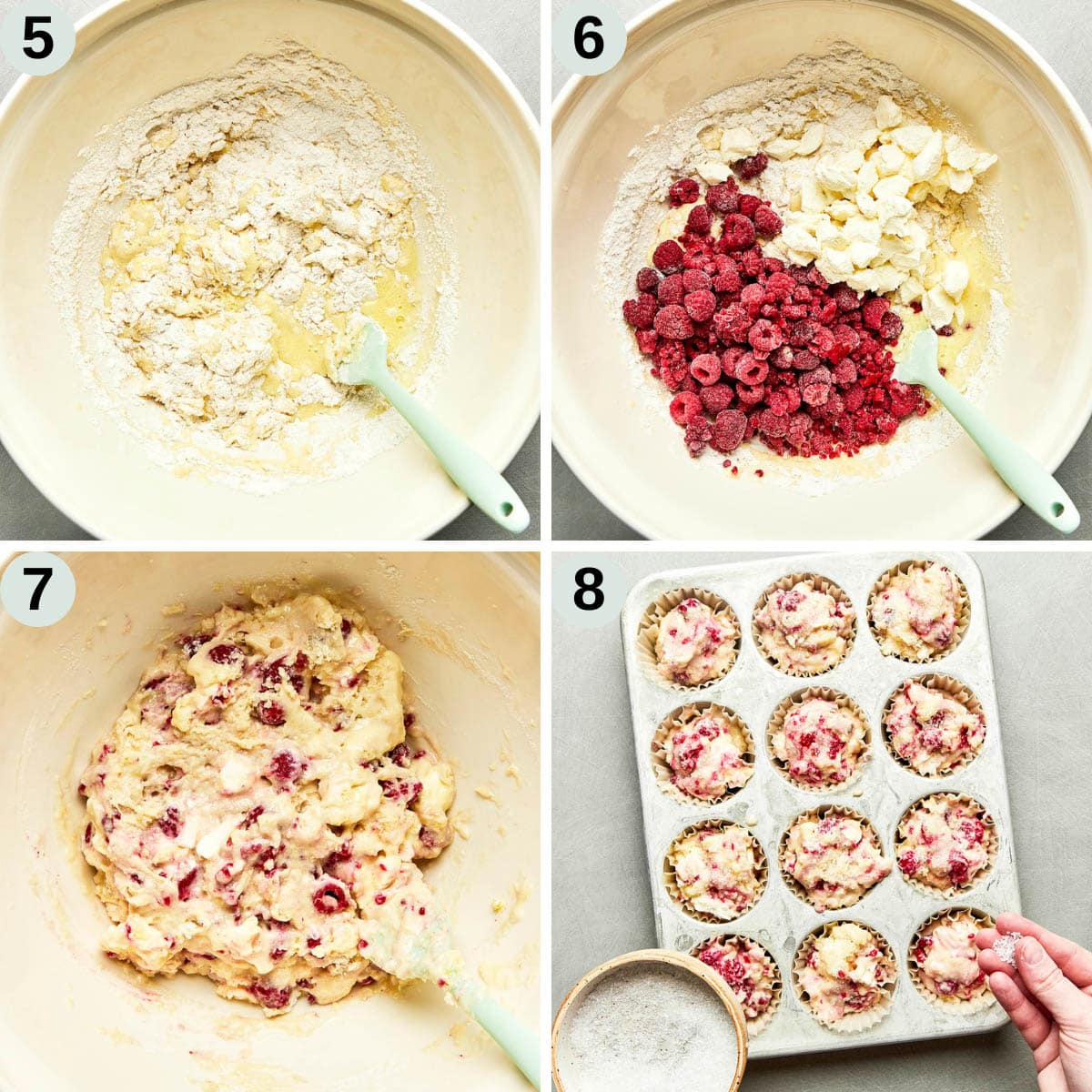 Process shots five through eight of how to make lemon raspberry muffins.