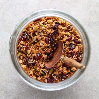 Overhead shot of the inside of a jar of nut-free granola.