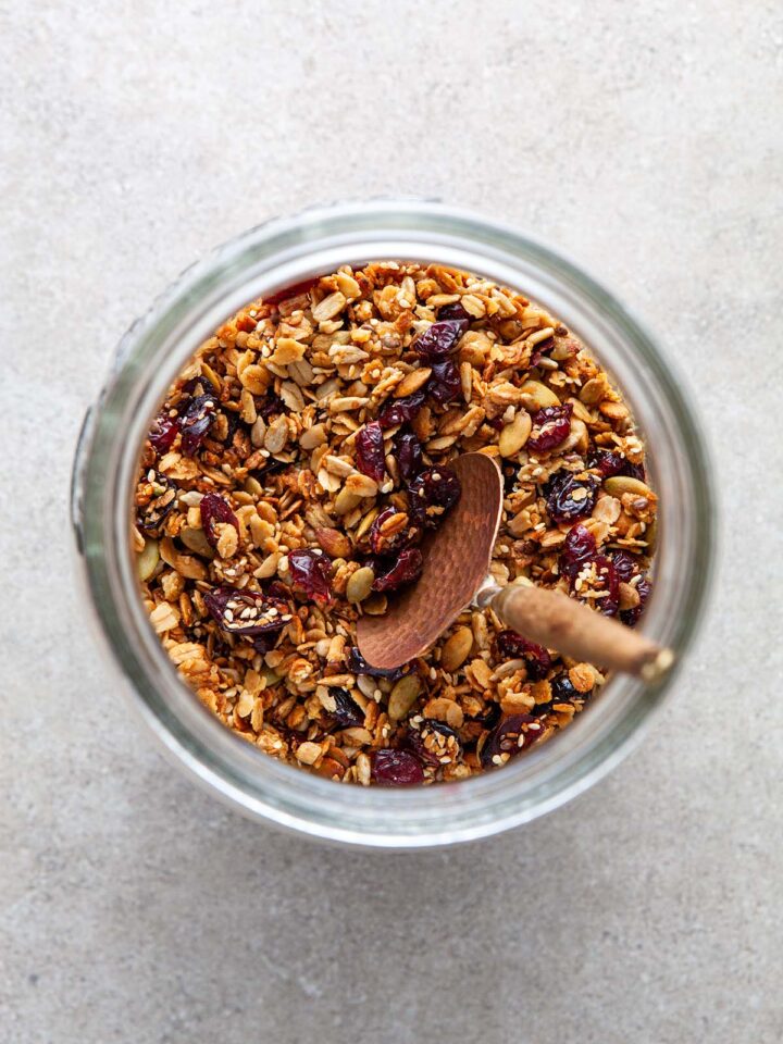 Overhead shot of the inside of a jar of nut-free granola.