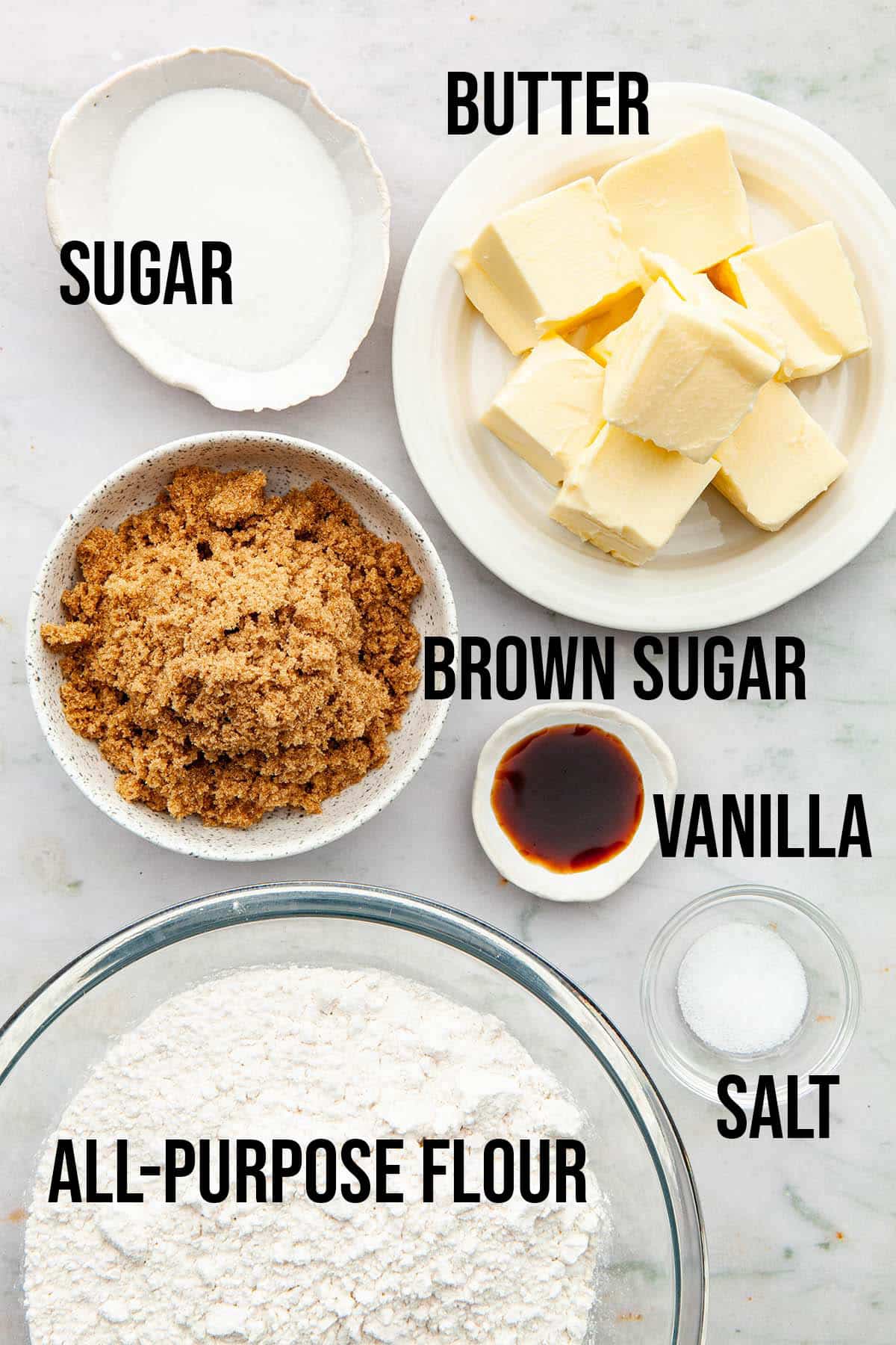 Ingredients to make brown sugar cookies.