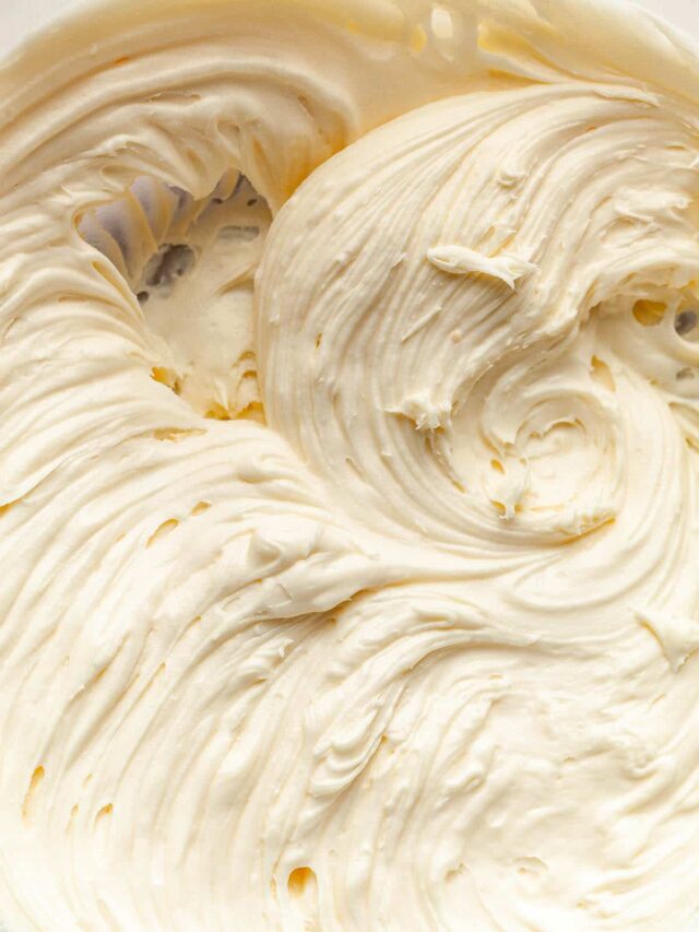Close up overhead imahe of whipped cream cheese frosting.