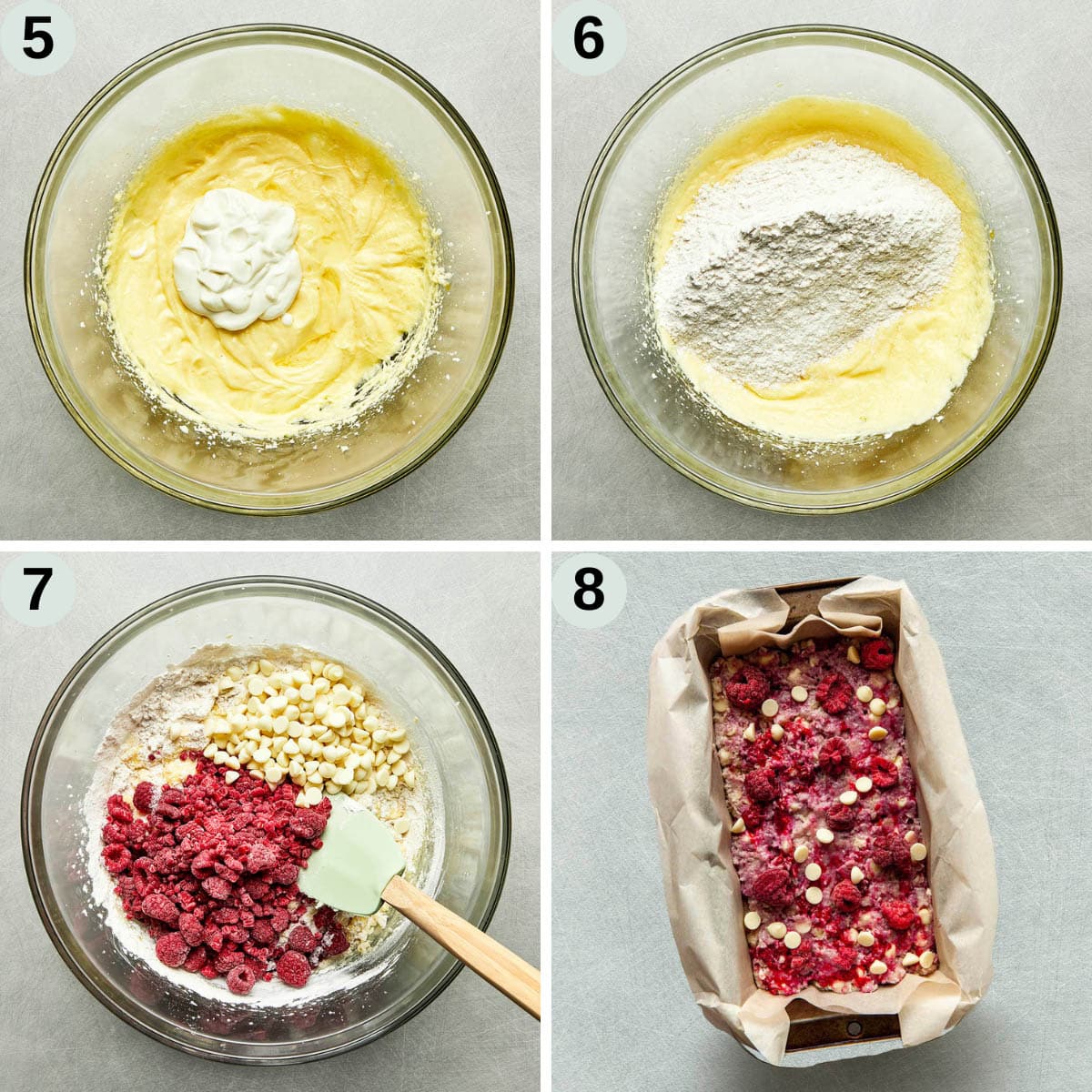 Process shots five through eight of how to make a white chocolate and raspberry loaf cake.