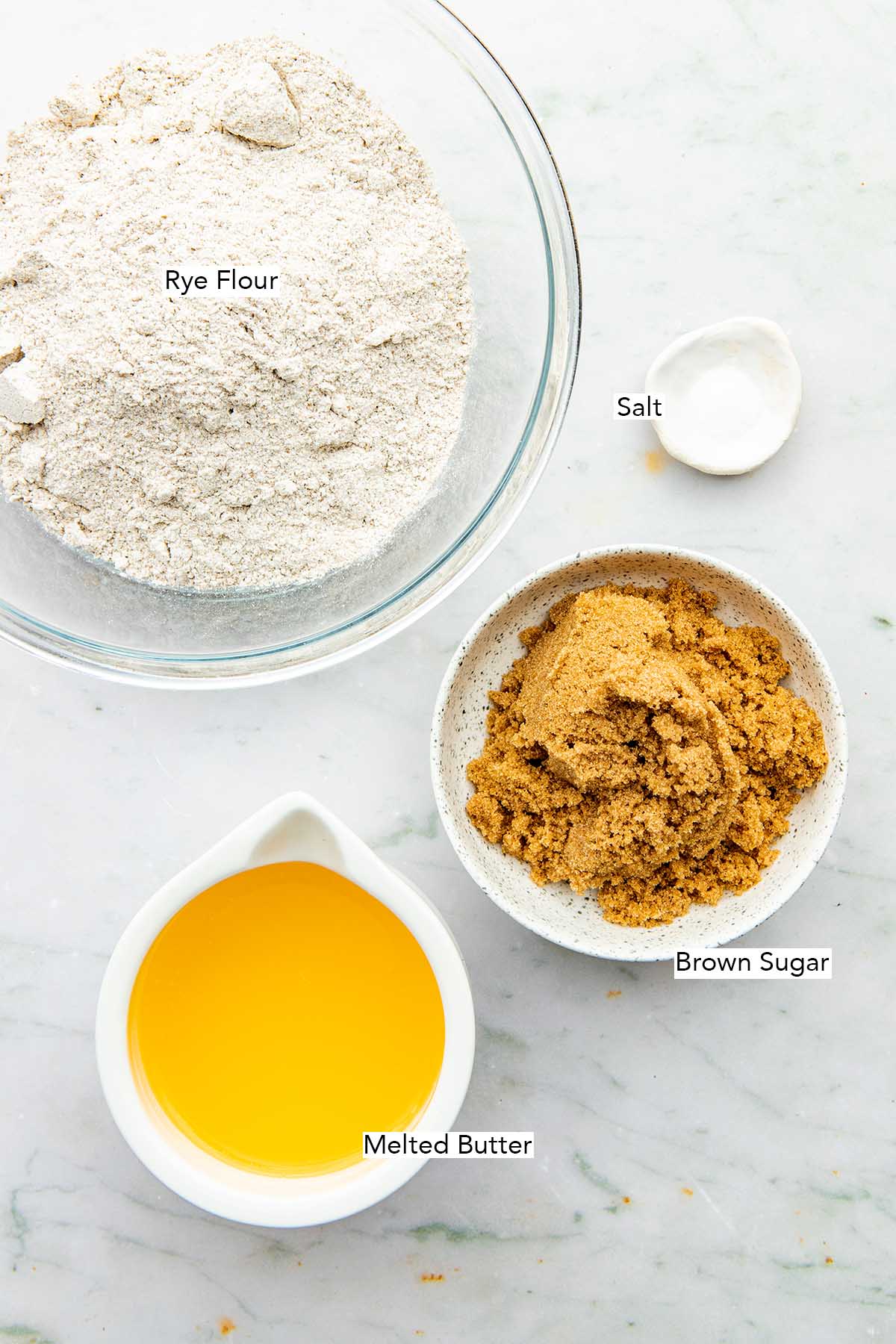 Ingredients to make the rye flour topping for this recipe.