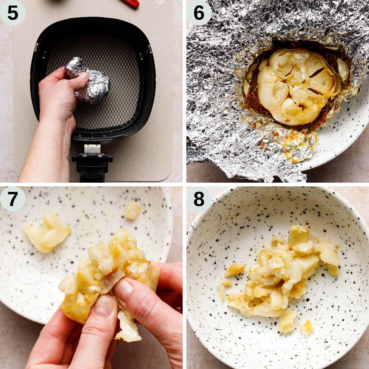 Process shots five through eight of how to make roasted garlic in the air fryer.