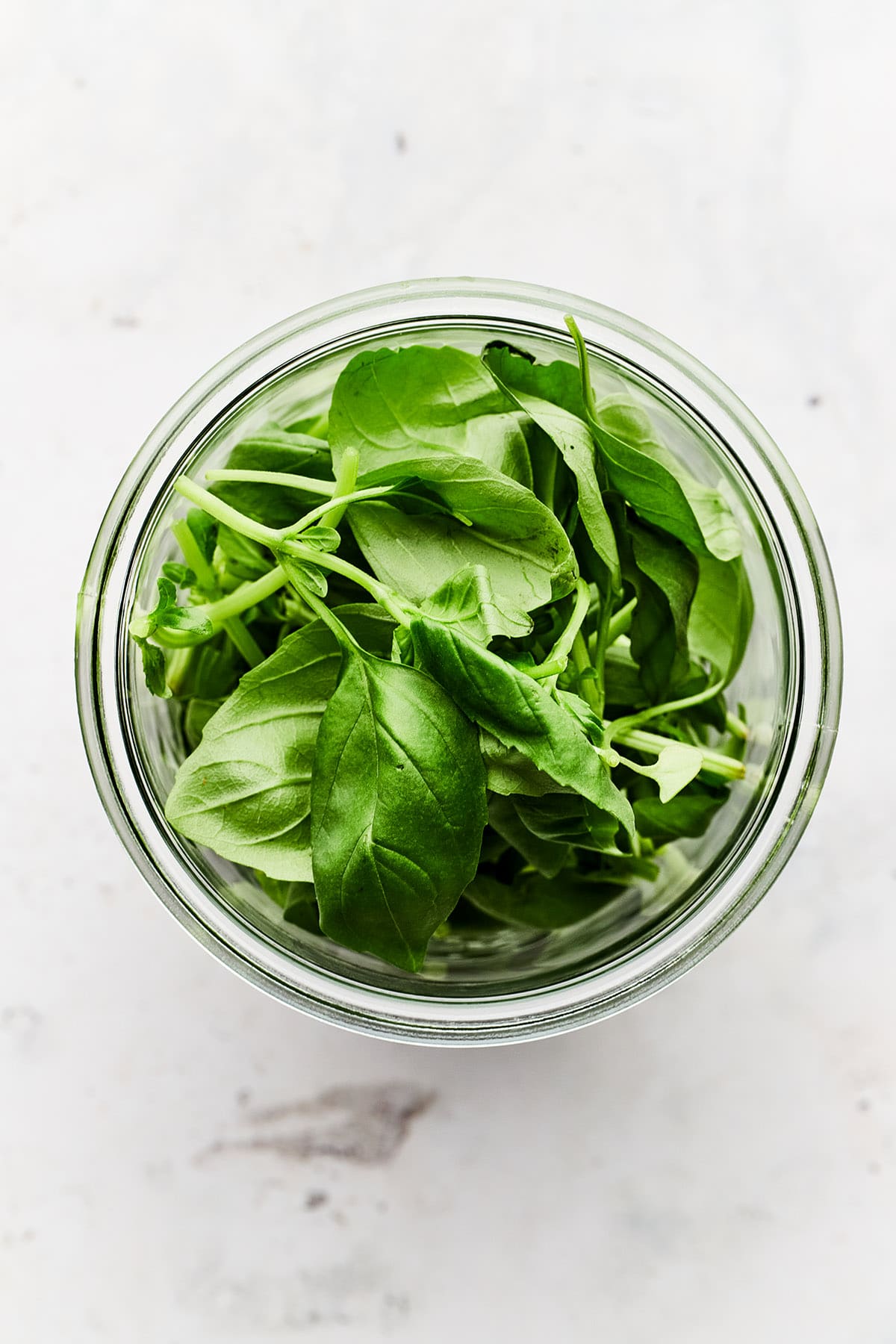 A glass jar filled with fresh basil leaves.