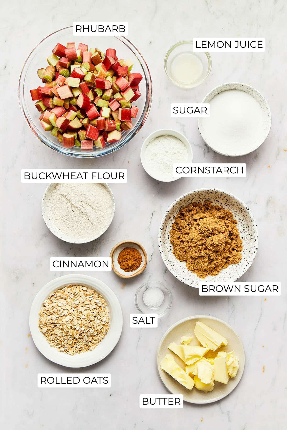 Ingredients to make gluten-free rhubarb crisp.