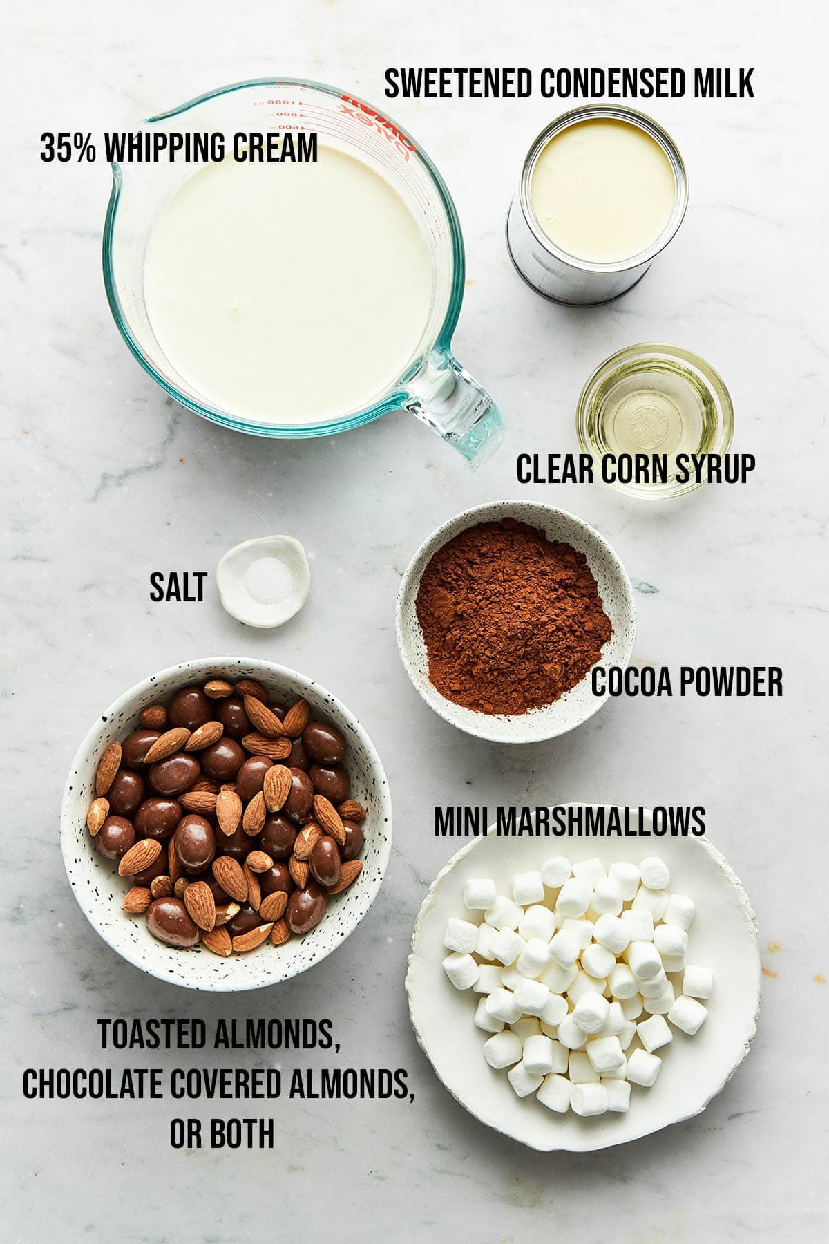 Ingredients to make rocky road ice cream.
