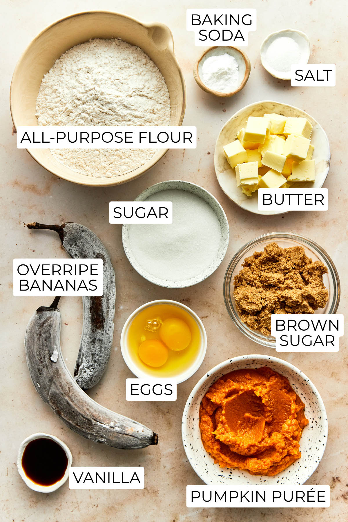Ingredients to make pumpkin banana muffins.