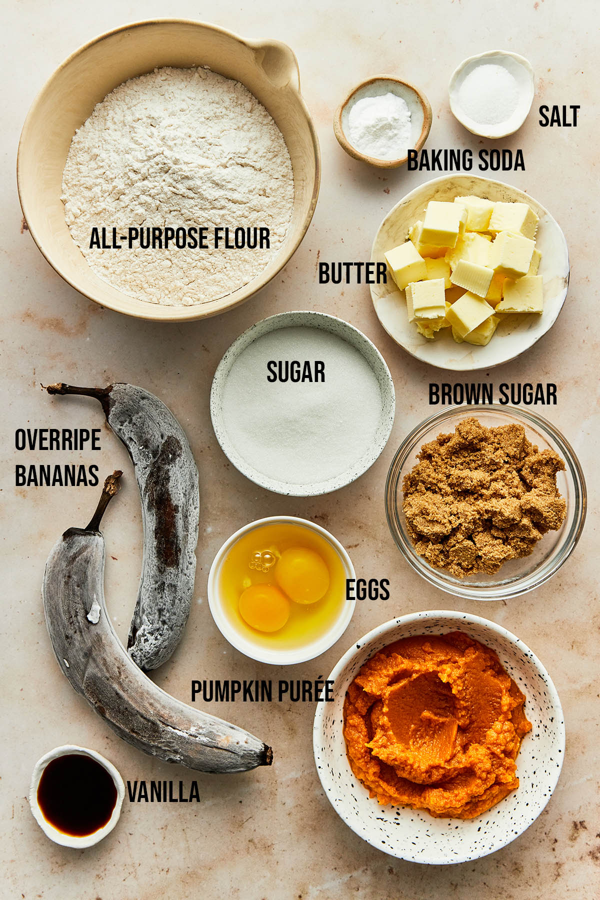 Ingredients to make pumpkin banana muffins.