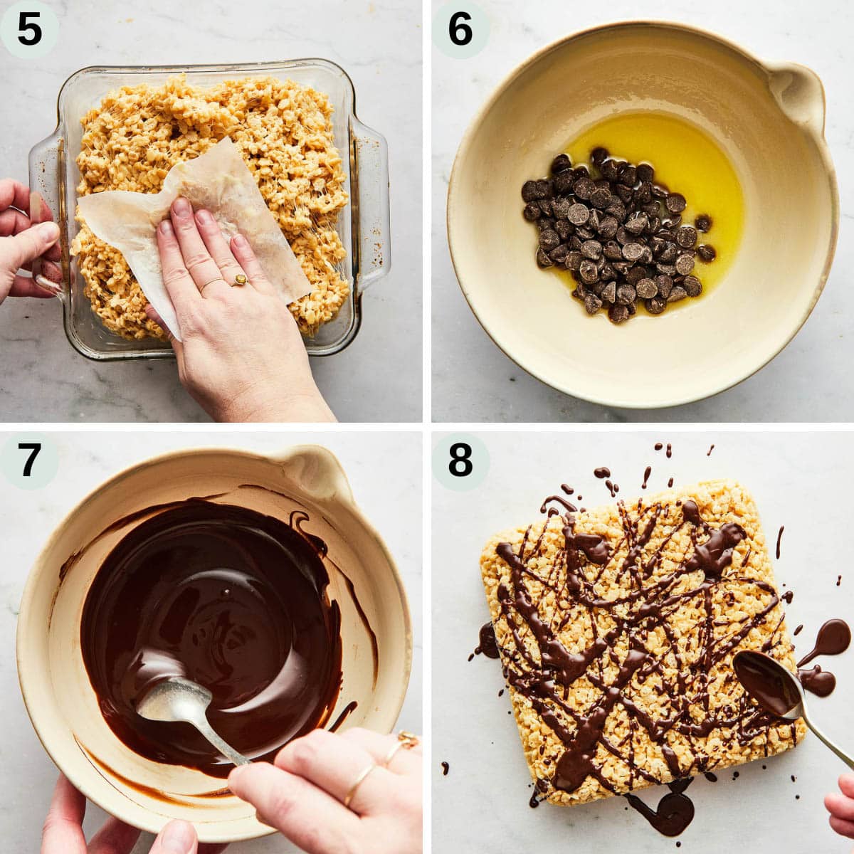 Process shots five through eight to make peanut butter rice krispie treats.