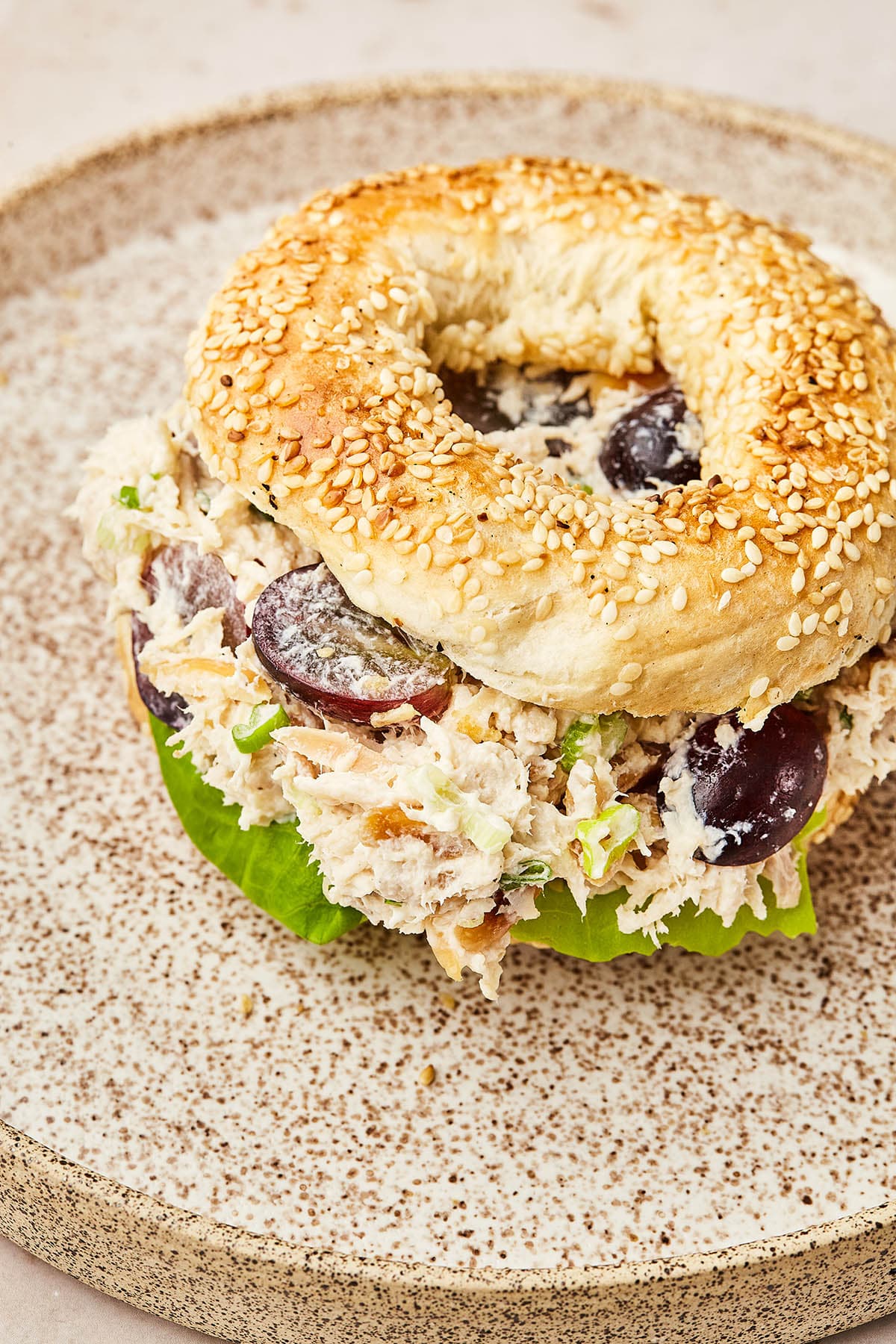 Close up shot of chicken salad with grapes on a toasted bagel.