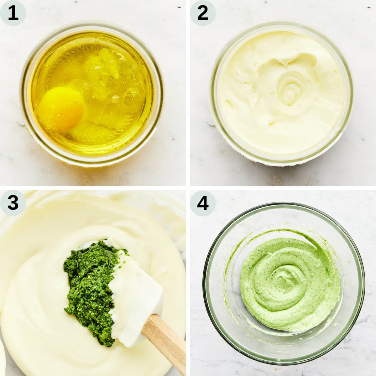 Process shots one through four of how to make homemade pesto mayonnaise.