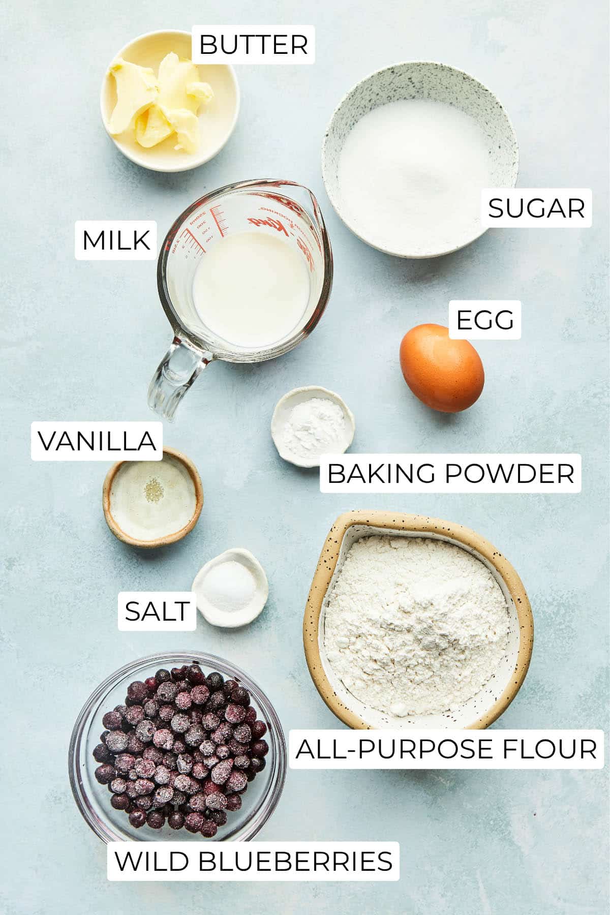 Ingredients to make wild blueberry cake donuts.