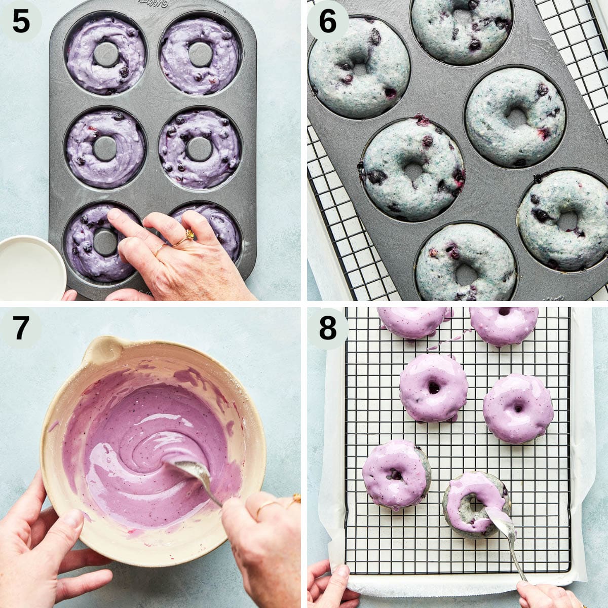 Process shots 5 to 8 to make baked donuts.