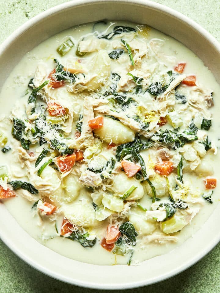 A bowl of chicken Florentine soup.