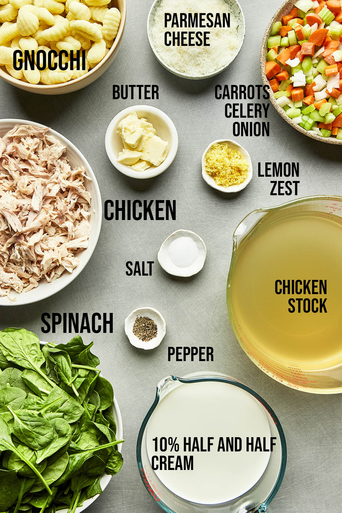 Ingredients to make chicken Florentine soup.