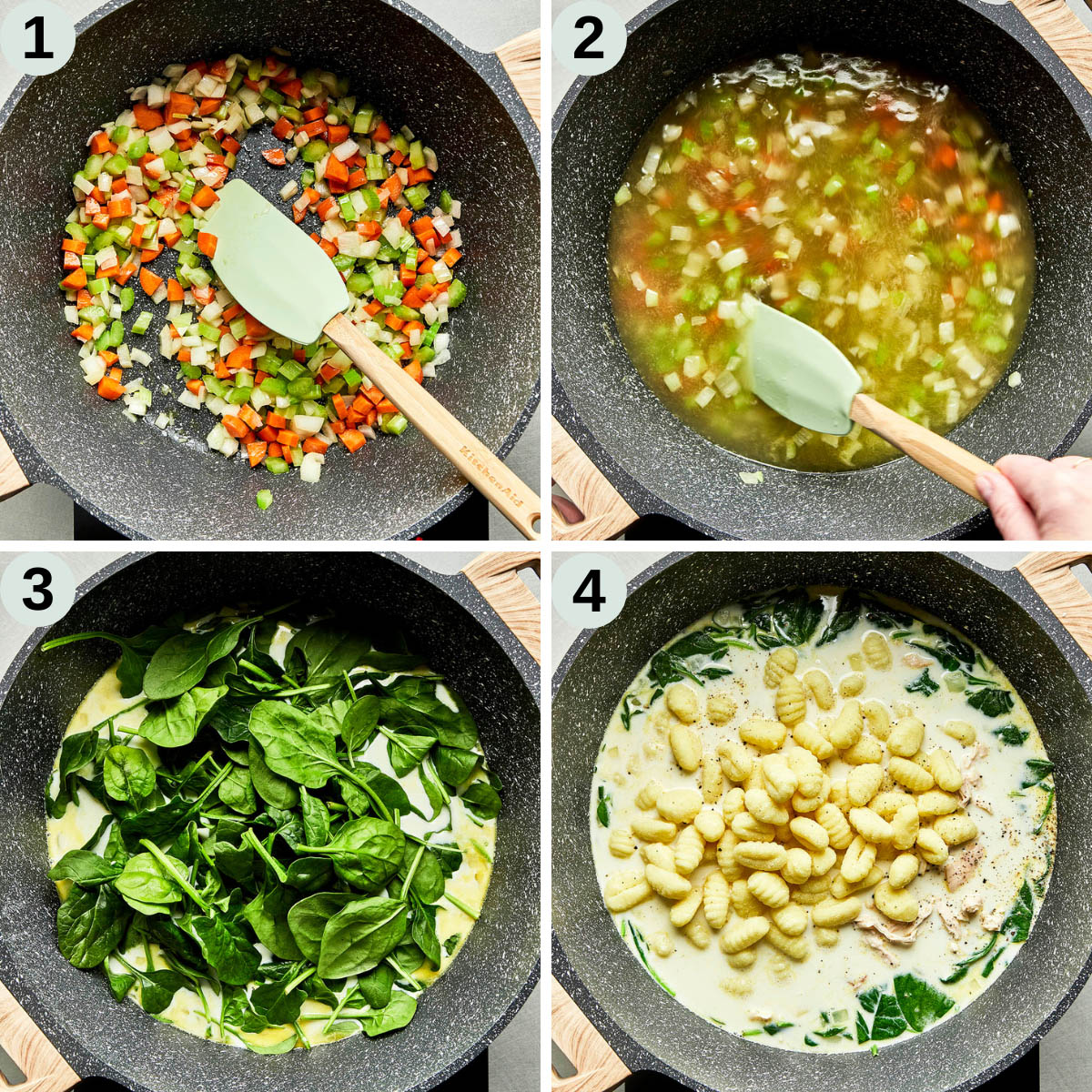 Process shots one to four of how to make chicken Florentine soup.