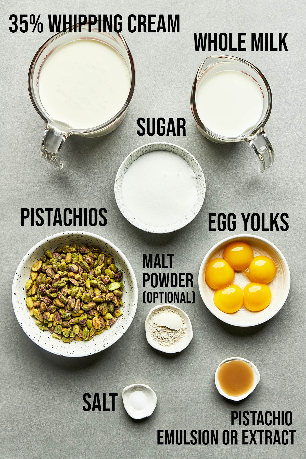 Ingredients to make pistachio ice cream.