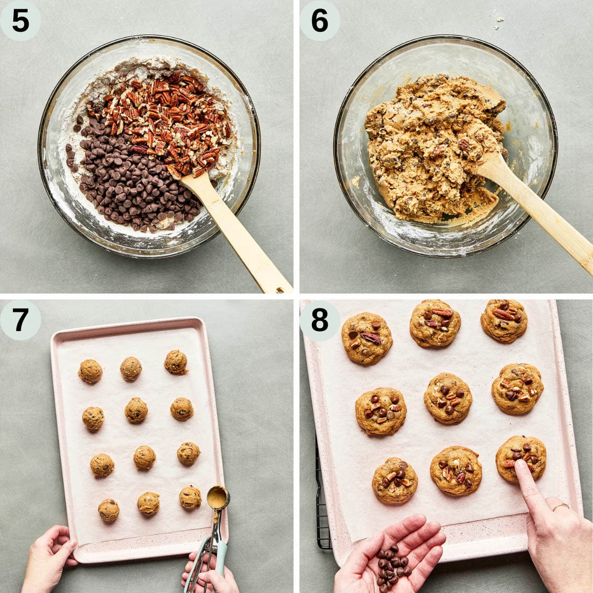 Process shots five through eight of how to make chocolate chip pecan cookies.