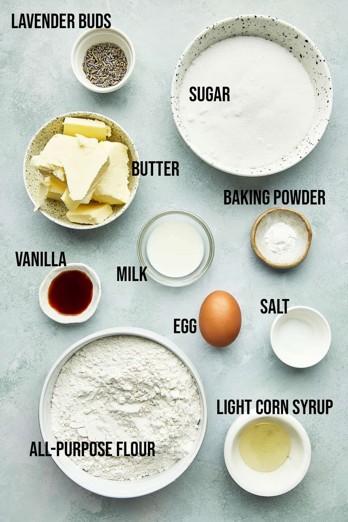 Ingredients to make lavender sugar cookies.