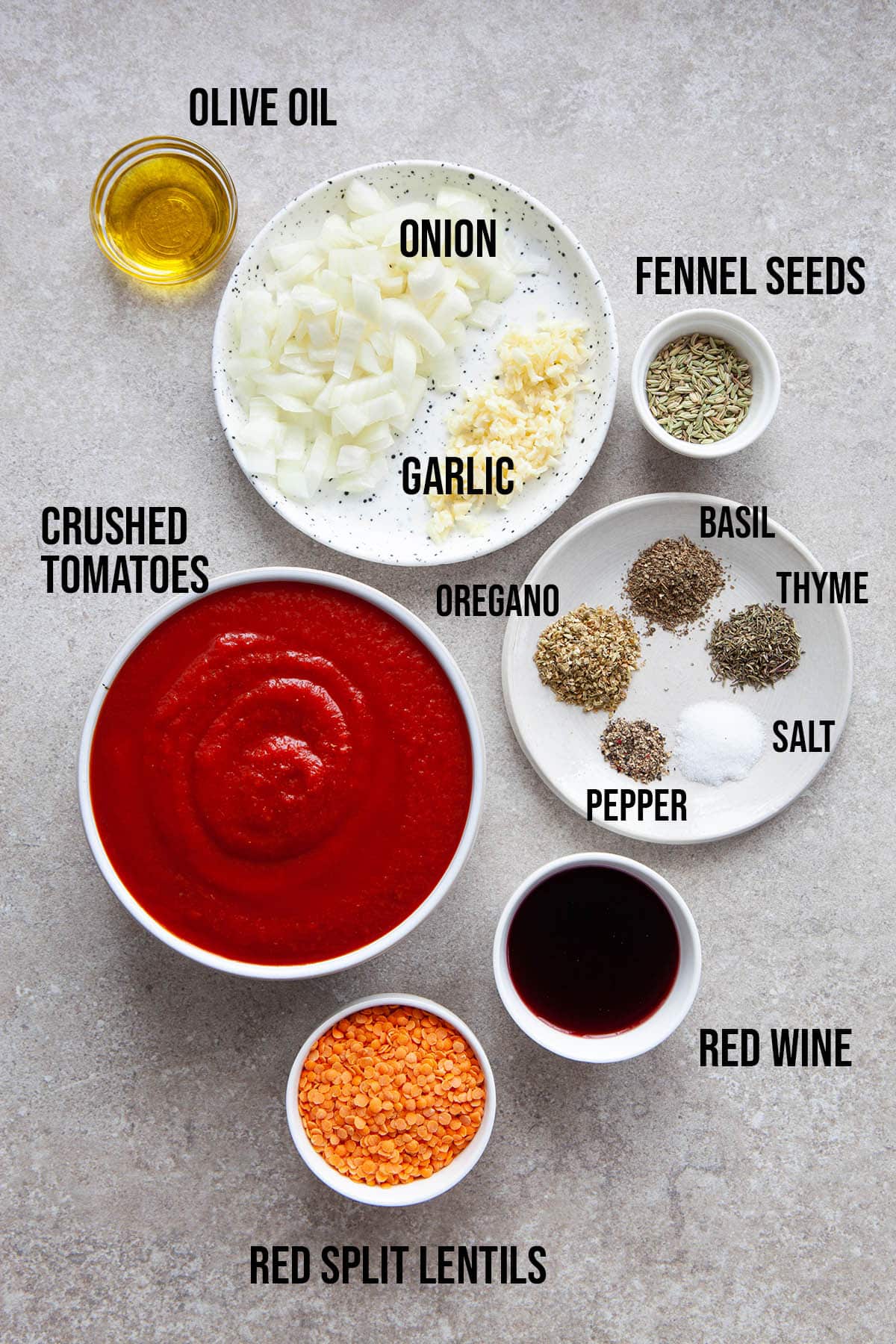 Ingredients to make lentil Bolognese sauce.
