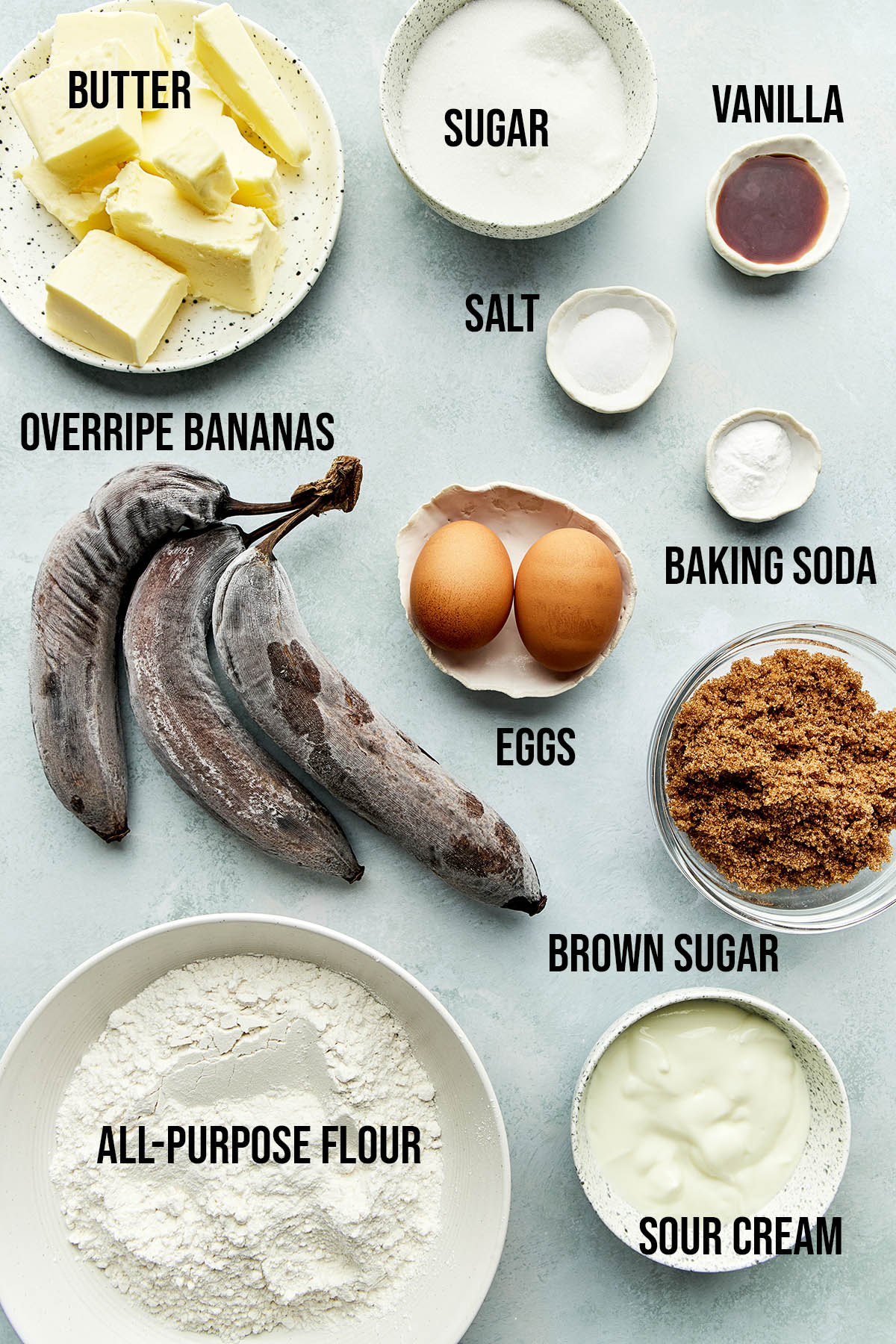 Ingredients to make brown butter banana bread.