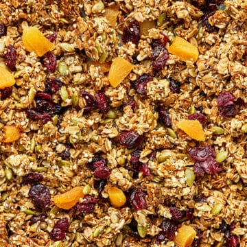 Nut free granola with dried cranberries and dried apricots.