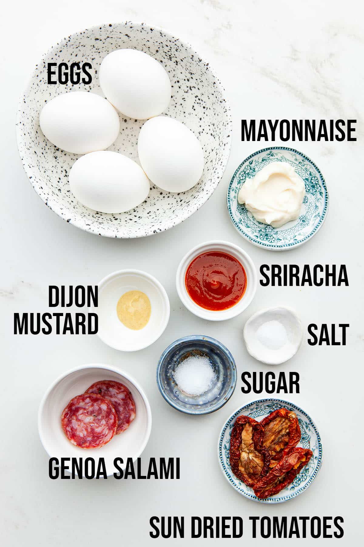 Ingredients to make Sriracha deviled eggs.