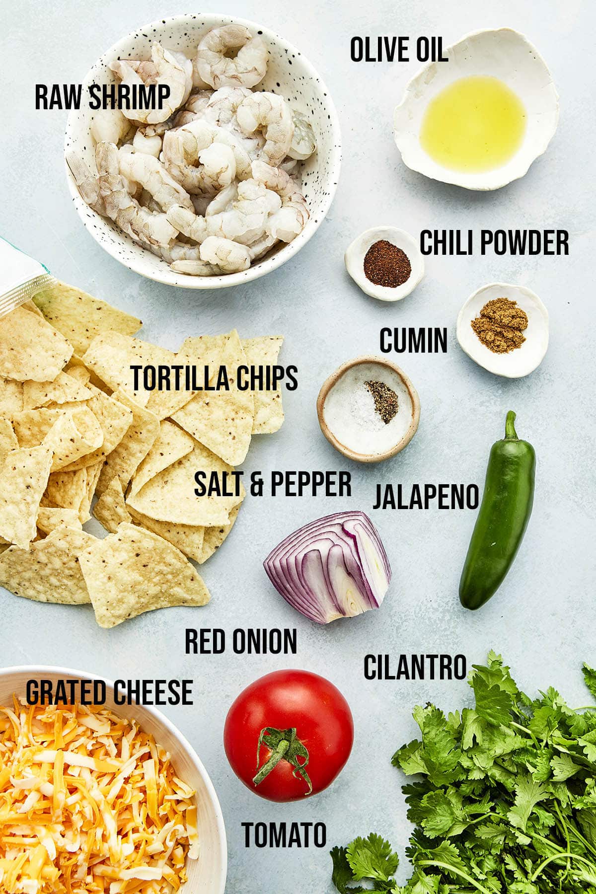 Ingredients to make shrimp nachos.