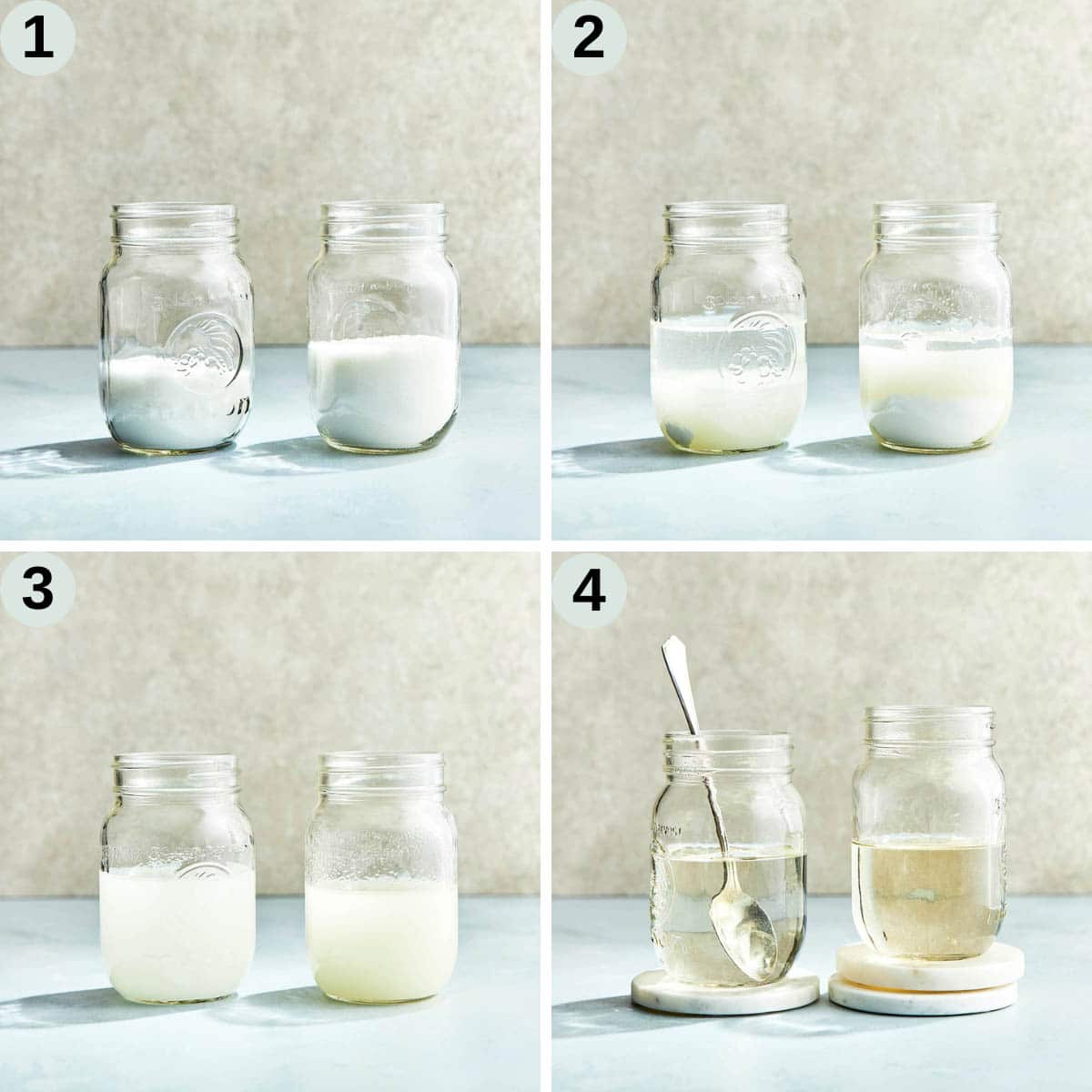 Process shots on how to make basic simple syrup and rich simple syrup.