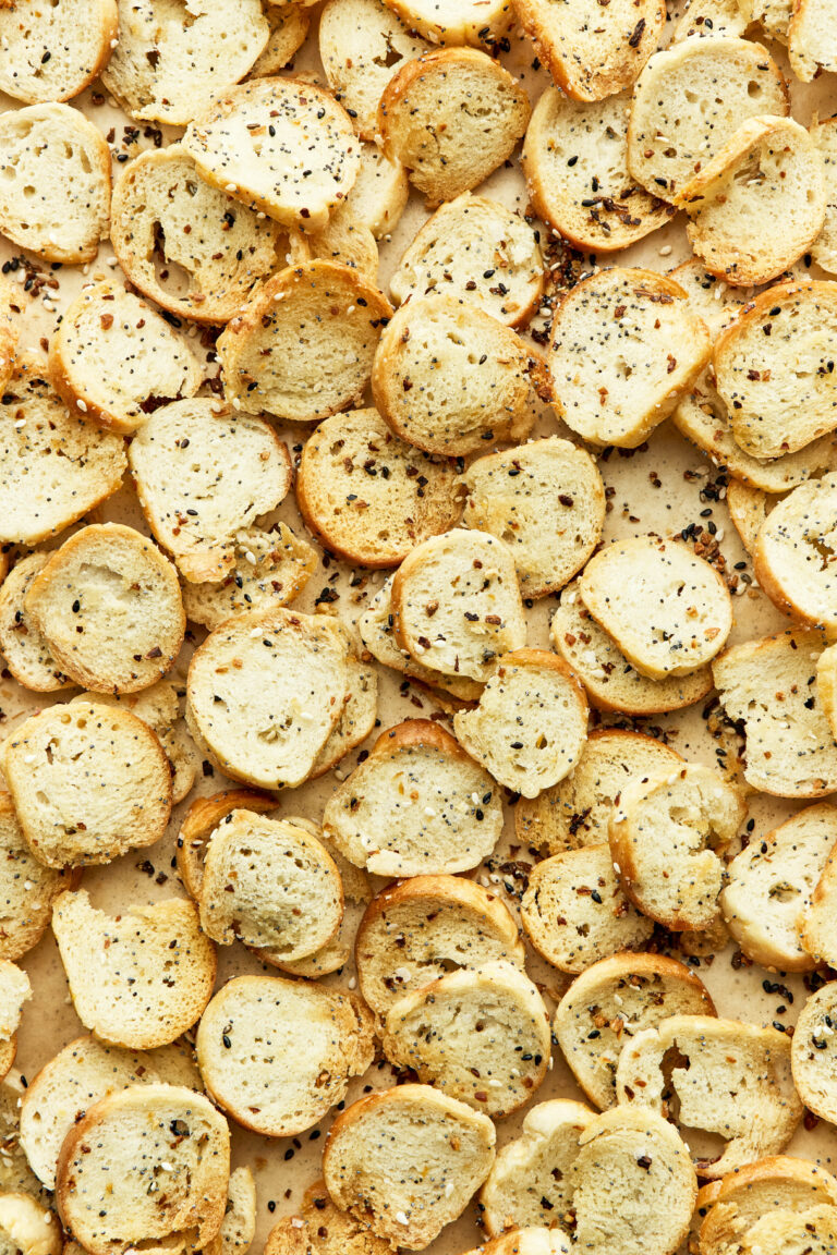 Baked bagel chips with everything bagel seasoning.