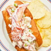 A Nova Scotia lobster roll on a plate with plain potato chips.