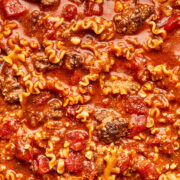 A close up shot of one-pot lasagna soup.