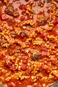 A close up shot of one-pot lasagna soup.