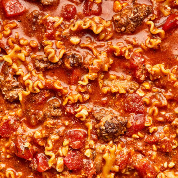A close up shot of one-pot lasagna soup.