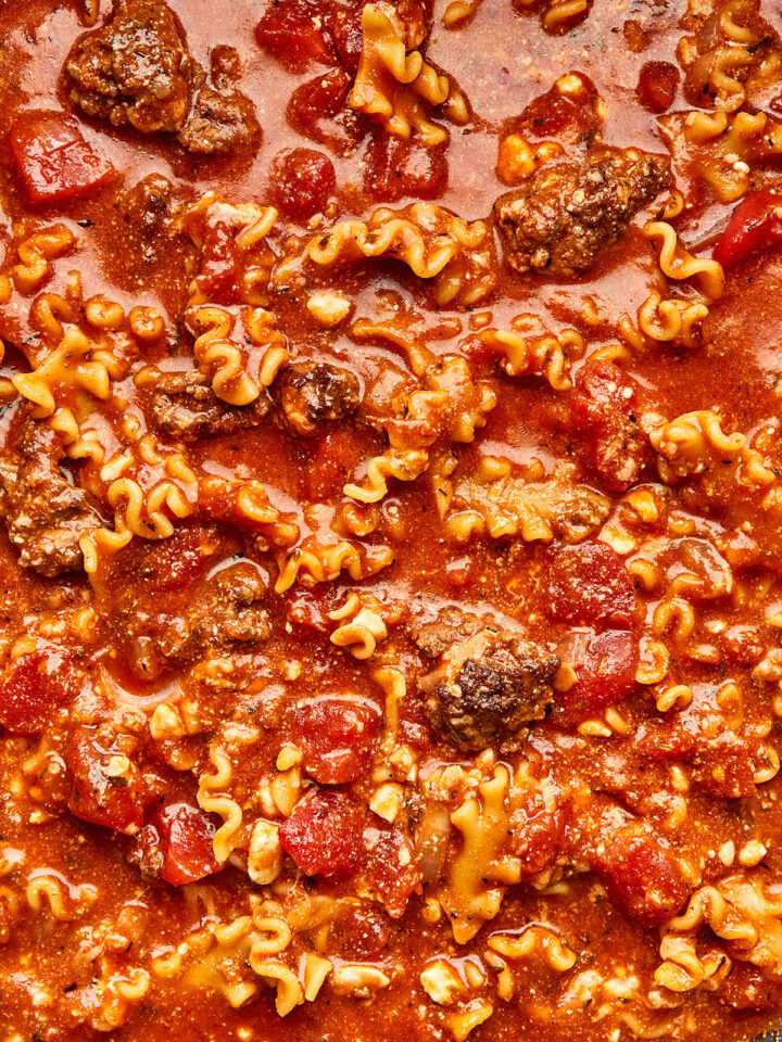 A close up shot of one-pot lasagna soup.