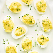 Close-up of creamy Cape Breton-style deviled eggs with chives.