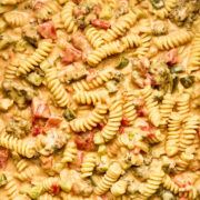 Close up of cheeseburger pasta in a pot.