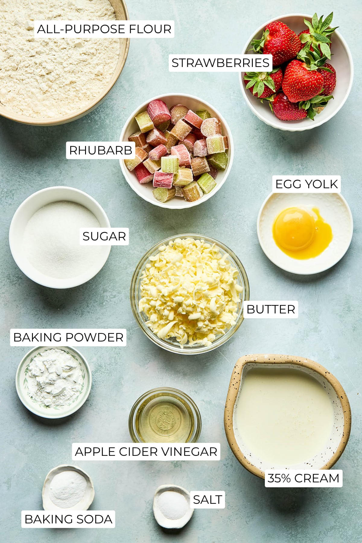 Ingredients to make strawberry rhubarb scones.