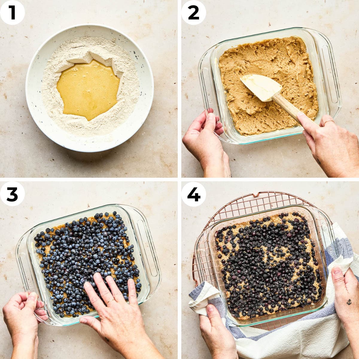 Process shot 1 through 4 to make blueberry breakfast cake.