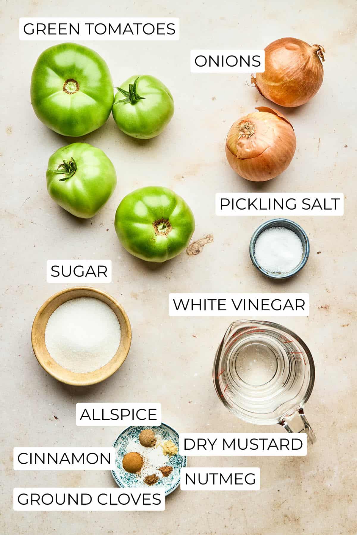 Ingredients to make small-batch green tomato chow.