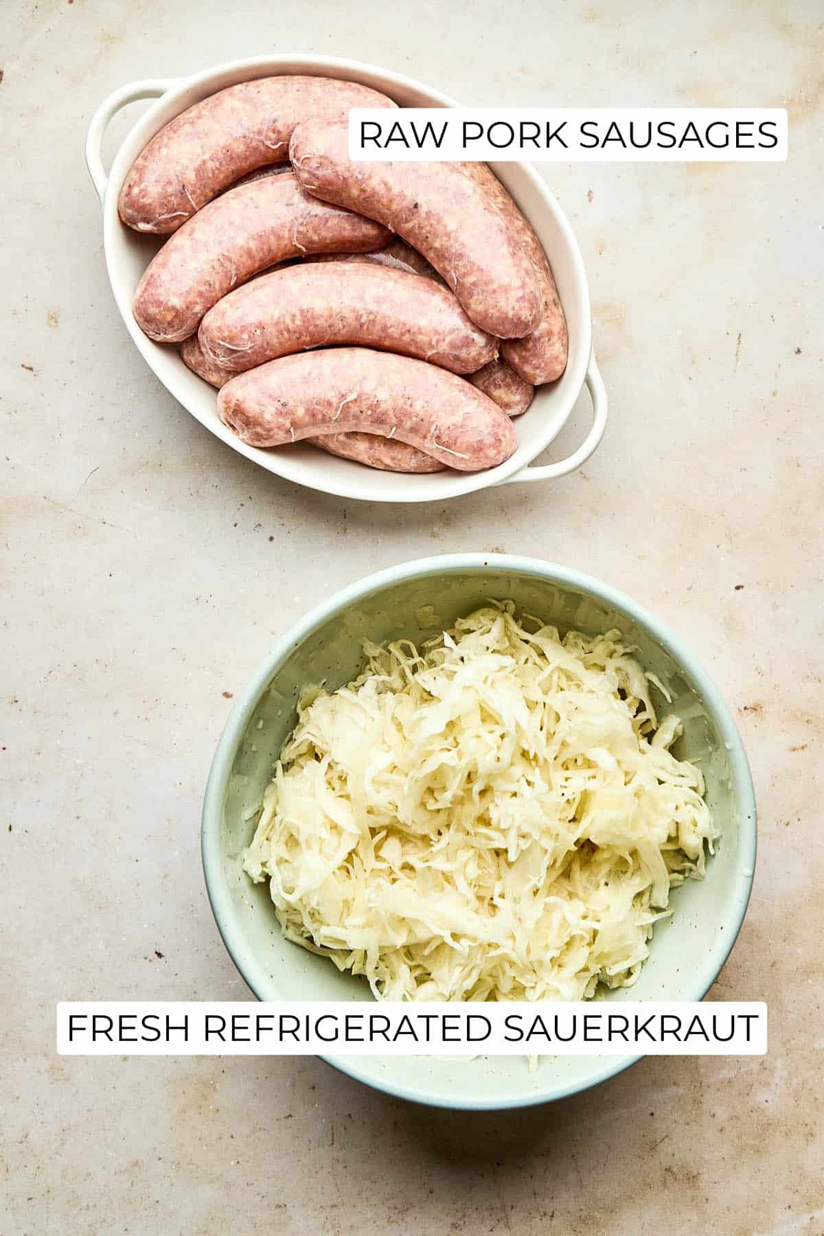 Ingredients to make sausage and sauerkraut.